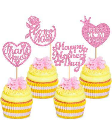 Cyodoos 24 Pcs Happy Mothers Day Cupcake Toppers Glitter Cake Toppers Cupcake Heart Mother Happy Birthday Party Supplies Decorations Pink - Buy Online on GoSupps.com