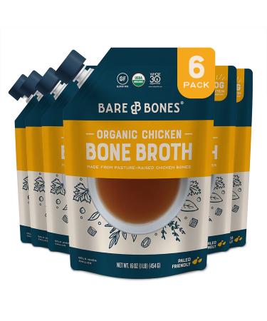 Bare Bones Chicken Bone Broth for Cooking and Sipping 16 oz Pack of 6 Pasture Raised Organic Protein and Collagen Rich Keto Friendly Chicken 1 Pound (Pack of 6)