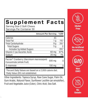FORCE FACTOR Cranberry Soft Chews, Cranberry Supplement with D Mannose and Cranberry Extract to Support Bladder and Urinary Tract Health for Women, Vegan, Sweet Cranberry Flavor, 60 Soft Chews - Buy Online on GoSupps.com