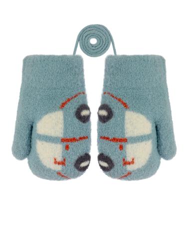 Girls Boys Cute Fox Knitting Short Full Finger Gloves Toddler Kids Winter Thermal Plush Lining Cycling Camping Gloves Mitten for 1-3 Yrs Car/Blue