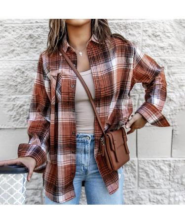 Routinfly Womens Autumn Color Block Plaid Jacket - Stylish Button Down Shirt Coat Top in L Orange | Fashion Casual Loose Fit - Buy Online on GoSupps.com