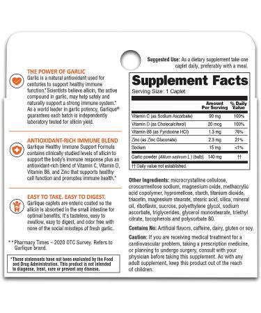 Garlique Garlic Extract Supplement - Healthy Immune Support Formula, Odorless & Vegan Friendly - 60 Caplets - Buy Online on GoSupps.com