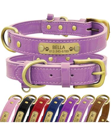 Senristar personalized dog collar made of real leather with engraved name tag - durable and stylish dog collar for small medium and large dogs (M light violet) m (width 2.0 cm neck circumference 30-38 cm) light violet