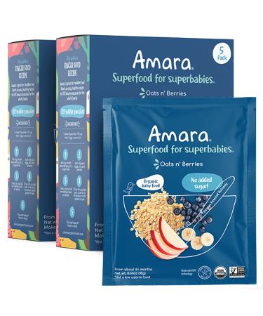 Amara Organic Baby Food - Stage 2 - Oats & Berries - Baby Cereal to Mix With Breastmilk Water or Baby Formula - Shelf Stable Baby Food Pouches Made from Organic Fruit and Veggies - 10 Pouches 3.5oz Per Serving Oats and Berries - 10 Pouches