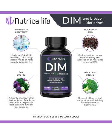 Nutrica Life DIM Supplement 300mg with Broccoli & BioPerine - Hormone Balance Support for Women & Men - Menopause Relief & Acne Control - 90 Vegan Caps - Buy Online on GoSupps.com