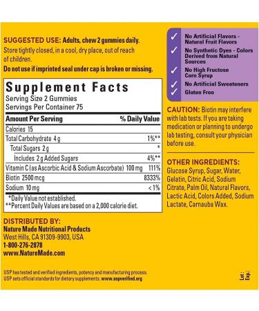 Nature Made Hair Skin and Nails with Biotin 2500 mcg Gummies - 75 Day Supply for Healthy Hair, Skin & Nails Support - Buy Online on GoSupps.com