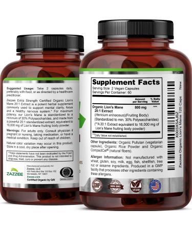 Zazzee USDA Organic Lion's Mane 20:1 Extract 30% Polysaccharides 16 000 mg Strength 120 Vegan Capsules Nootropic for Brain Health Focus Memory Concentration and Immune Support Made in The USA - Buy Online on GoSupps.com