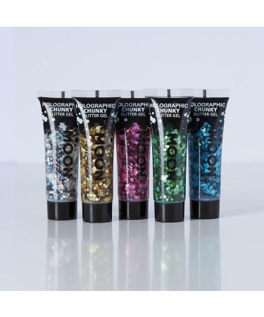 Holographic Face & Body Chunky Glitter Gel Set by Moon Glitter - 12ml 5 Vibrant Colors - Perfect for Face Paint & Body Art - Buy Online on GoSupps.com