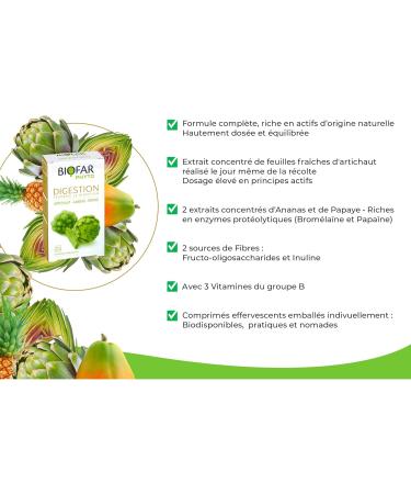 BIOFAR Phyto Digestion - Fresh concentrated extracts: Artichoke Pineapple Papaya Fructo-Oligosaccharides Inulin - No Sugars or Artificial Coloring - Pack of 24 Effervescent Tablets - Buy Online on GoSupps.com