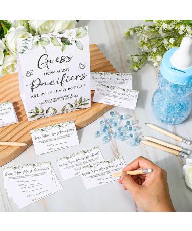 Greenery Baby Shower Games Set - 100 Guess How Many Pacifiers Game with 10 HB Pencils & Decorative Acrylic Pacifiers - Gender Reveal Party Favors (Blue) - Blue Plant Theme - Buy Online on GoSupps.com