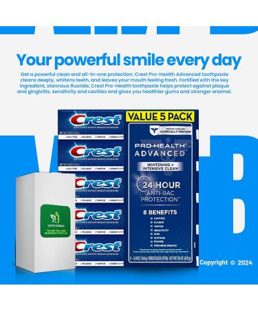 Crest Pro-Health Advanced White Toothpaste (5.8 oz 5 pk) - Teeth Whitening Kit with Gift Bundle: Smile Light Spring Guide Squeezer & No-Mess Caps | International Shipping Available - Buy Online on GoSupps.com