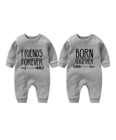 culbutomind Baby Twins Bodysuit Born Together Friends Forever Newborn Baby Unisex Romper Cute Outfit With Hat Set grey BF 0-3 Months
