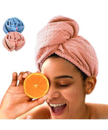 Tuerria microfiber hair turban for women 2 pieces super absorbent fast drying 24.8 x 76.2 cm anti-frizz anti-breakage hands free (pink champagne clear sky) 2 pieces (pink champagne clear sky)))