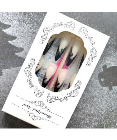 Shop Gothic Halloween Press-On Nails | Medium Almond Black French Tip Design - 24pcs Acrylic Stick-On Witch Nails for Women & Girls - Buy Online on GoSupps.com