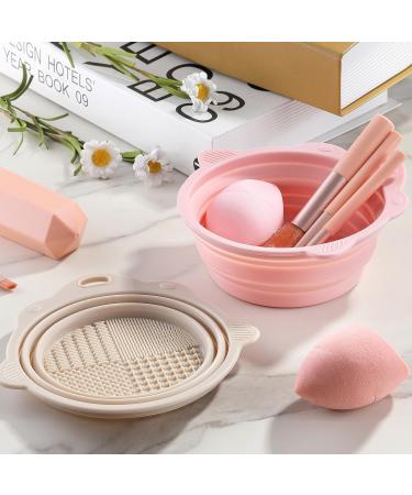 Foldable Silicone Makeup Brush Cleaner Bowl - 2 Pieces Portable Tool for Brushes Sponges & Puffs (Pink Gray) - Ideal for Travel - Buy Online on GoSupps.com