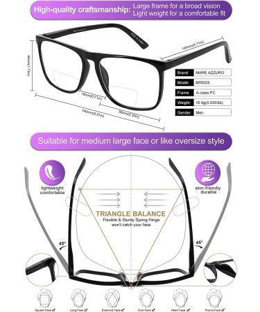 MARE AZZURO Large Bifocal Reading Glasses Men Blue Light Blocking Readers Square Reader 0 1.0 1.5 2.0 2.5 3.0 3.5 (Black  1.50) Black 1.5 x - Buy Online on GoSupps.com