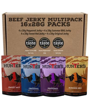 Hunters Beef Snack 16 Pack Variety Beef Jerky 448g Mixed Flavours - Grass Fed Beef Jerky Snack - Beef Strips - High Protein Snacks - Carnivore Snacks - Low Calorie - Meat Snacks Beef Crisps - Buy Online on GoSupps.com