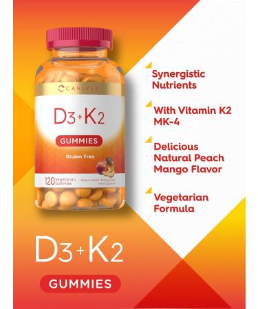 Carlyle D3 K2 Gummies 120 Count with Calcium | Vegetarian Non-GMO and Gluten Free Supplement - Buy Online on GoSupps.com