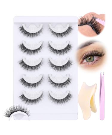Self Adhesive Eyelashes No Glue Needed False Lashes Natural Wispy Lashes with Clear Band Press-on Faux Mink Lashes Reusable Fluffy Self Adhesive Eyelashes with Lash Clip and Tweezers 85-B