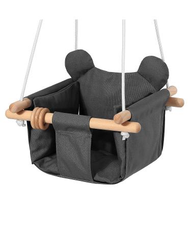 Mlian Secure Canvas and Wooden Baby Hanging Swing Seat Chair Indoor and Outdoor Hammock Backyard Outside Swing Kids Toys Swings 6-36 Months with Ear Dcor Cushion and Natural Wooden Ring, Gray Grey