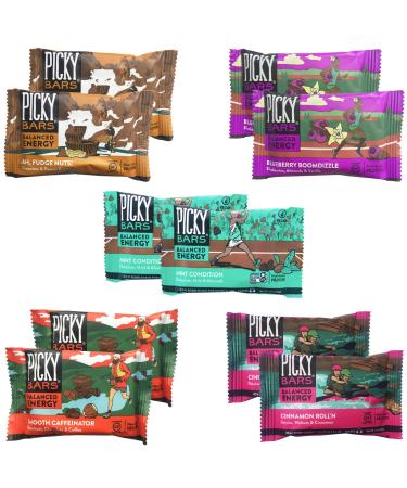 Picky Bars Real Food Energy Bars, Plant Based Protein, All-Natural, Gluten Free, Non-GMO, Non-Dairy, 5 Flavors, Fudge Nuts, Blueberry Boomdizzle, Smooth Caffeinator, Mint Condition, and Cinnamon Roll’n (Pack of 10) 5 Flavo…