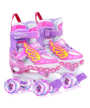 Hozzen Kids Roller Skates for Girls - LED Light Up Girl Roller Skates for Kids (9C-6Y) with Storage Bag, 4 Sizes Adjustable,Unicorn Pink Shiny Illuminating Toddlers Skates for Beginner M (7.9-8.8IN/12C-2Y)