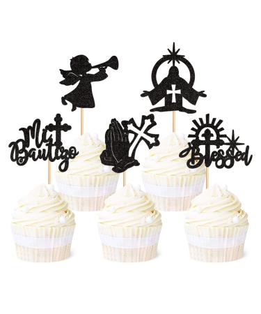 Ercadio 25 Pack Mi Bautizo Cupcake Toppers Black Glitter Cross Angel Cupcake Toppers Angel Religious God Bless Cupcake Picks for Baptism Theme Baby Shower Kids Birthday Party Supplies Pattern 5