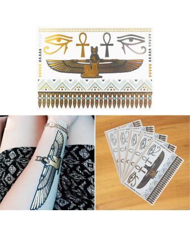COKOHAPPY 5 Sheets Metallic Temporary Tattoo Egyptian Cleopatra Ankh Cross Eye of Horus Gold Silver Shine Beach Armband