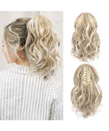 SEIKEA 10" Highlight Ponytail Extension Claw Short Thick Wavy Curly Jaw Clip in Fake Pony Tails Fake Hair Soft Natural Looking Synthetic Hairpiece for Women Medium Blonde with White Blonde Highlights 10 Inch (Pack of 1) Medium Blonde with White Blonde Hig