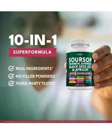 Soursop Supplement - Moringa, Sea Moss, Black Seed Oil, Berberine, Turmeric, Apricot, Quercetin, Greens, Bitters, Boswellia, Bitter Melon, Burdock Root - 120 Capsules 60 Count (Pack of 2) - Buy Online on GoSupps.com