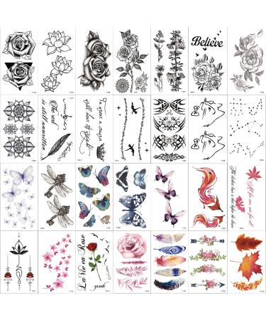 Temporary Tattoos for Women - Rose Feather Animals Written Words Flowers and Butterfly Stickers Waterproofing 30 Sheets (style 1) Floral