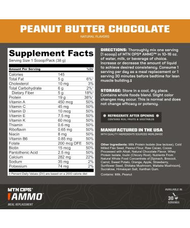 MTN OPS Ammo Meal Replacement Shake Powder 19g Protein 10g Flaxseed 4.5g Whole Foods Real Fruits & Vegetables Daily Nutrition & On-the-Go Fuel 30 Servings Peanut Butter Chocolate - Buy Online on GoSupps.com