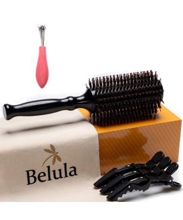 Belula Boar Bristle Round Brush for Blow Drying Set. Round Hair Brush With Large 2.7  Wooden Barrel. Hairbrush Ideal to Add Volume and Body. Free 3 x Hair Clips & Travel Bag. Large Barrel 2.7