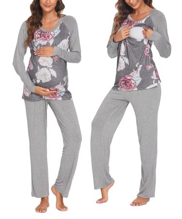 Ekouaer Maternity Nursing Pajama Set Long Sleeves Breastfeeding Sleepwear Hospital Pregnancy Double Layer Top & Pants XXL Gray Floral