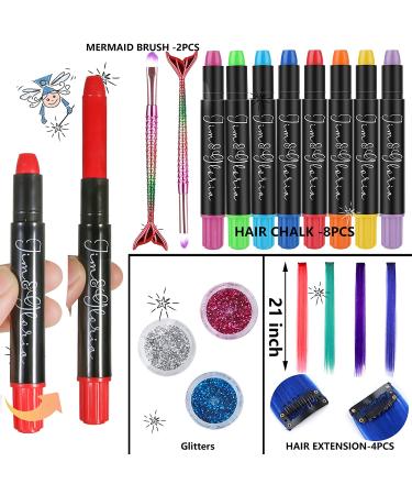 Jim&Gloria Dustless Hair Chalk Set for Girls with Clip-on Colored Hair, Mermaid Brushes, Glitters - Temporary Hair Dye Kit for Kids & Teens | Unique Trendy Gifts for Teenage Girls - Set of 17 - Buy Online on GoSupps.com