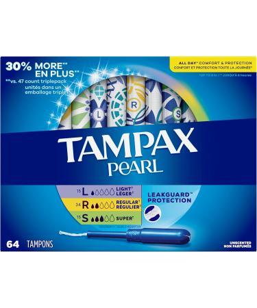 Tampax Pearl Tampons Trio Pack with LeakGuard Braid Light/Regular/Super Absorbency Unscented 64 Count 64 Count Light/Regular/Super - Buy Online on GoSupps.com