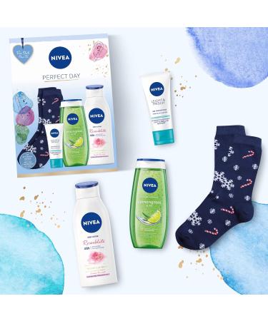 NIVEA Perfect Day Gift Set with NIVEA Essentials Gift Set with Day Care Care Shower Body Lotion and Stylish Socks - Buy Online on GoSupps.com