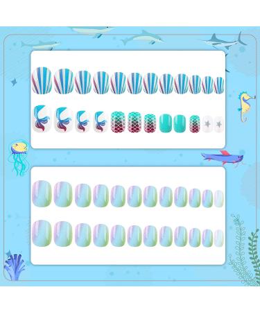 48Pcs Kids Full Cover Short Press on Nails - Blue Ocean False Nails for Girls - Children's Gift Nail Art Decoration - Buy Online on GoSupps.com
