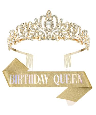 Makone Gold Birthday Princess Crown with Birthday Queen Sash Tiaras for Women or Girls Crystal Headband Hair Accessories for Party Cake Topper 002 Gold