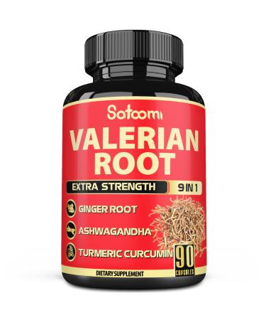 Satoomi Valerian Root Capsules - 9 Natural Herbs - Ashwagandha, Turmeric, Ginger, Ceylon Cinnamon - 90 Caps for 3-Month Supply