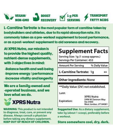 Buy XPRS Nutra L-Carnitine L-Tartrate Powder | Premium Vegan-Friendly Amino Acid Supplement | 16 Ounce Bulk Size - Buy Online on GoSupps.com