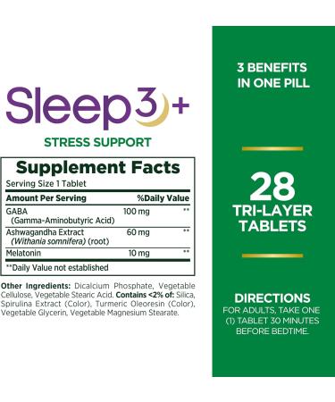 Nature's Bounty Sleep + Stress Support Sleep3 Maximum Strength 100% Drug Free Sleep Aid Dietary Supplement with Ashwagandha Time Release Technology 10mg 28 Tri-Layered Tablets (Pack of 2) - Buy Online on GoSupps.com