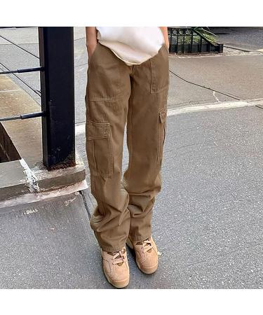 High Waist Baggy Cargo Pants | Teen Girls Women Fashion Lounge Trousers | Y2K E-Girl Streetwear Brown Medium - Buy Online on GoSupps.com