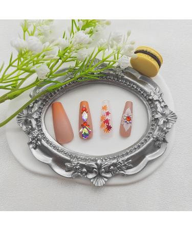 Coffin Press on Nails - Long Orange Glitter Acrylic Nails with Maple Leaves & Diamond Charms | 24Pcs Fall False Nails for Women - Buy Online on GoSupps.com