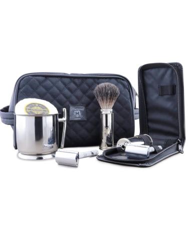 Travel razor set with leather culture bag and bag travel protection double-sided razor planer synthetic black roof hair shaving brush made of black roof hair soap and stainless steel bowl