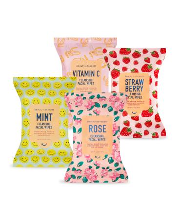 Facial Cleansing Wipes | Mint Vitamin C Strawberry and Rose Face Cleansing and Gentle Makeup Remover Wipes 4 Pack (30 Count Each) 120 Towelettes | Beauty Concepts