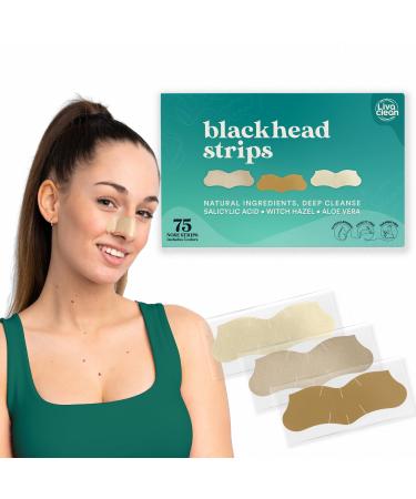 LivaClean (75 CT) Pore Strips w/Salicylic Acid Witch Hazel & Aloe Vera - Blackhead Remover for Face Nose Pores Blackheads Removal - Blackhead Remover Strip - Black Head Nose Strips Blackhead Remover