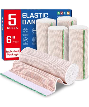 AZEN Premium 5 Pack Elastic Bandage Wrap 6 Inch Compression Wrap Bandage for Legs Ankle Knee Tummy Body Latex-Free Lymphedema Wraps for Legs A-5p
