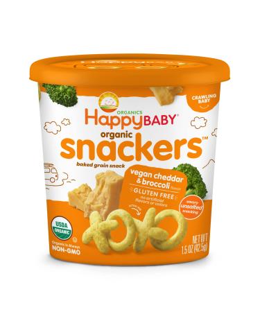 Happy Baby Organics Organic Snackers, Gluten Free Baked Grain Snack, Vegan Cheddar & Broccoli 1.5oz Cup (Pack of 6)