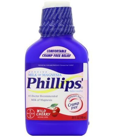Phillips' Milk of Magnesia Liquid Laxative Wild Cherry 26 oz Cramp Free & Gentle Overnight Relief of Occasional Constipation 1 Milk of Magnesia Brand (Pack of 6)